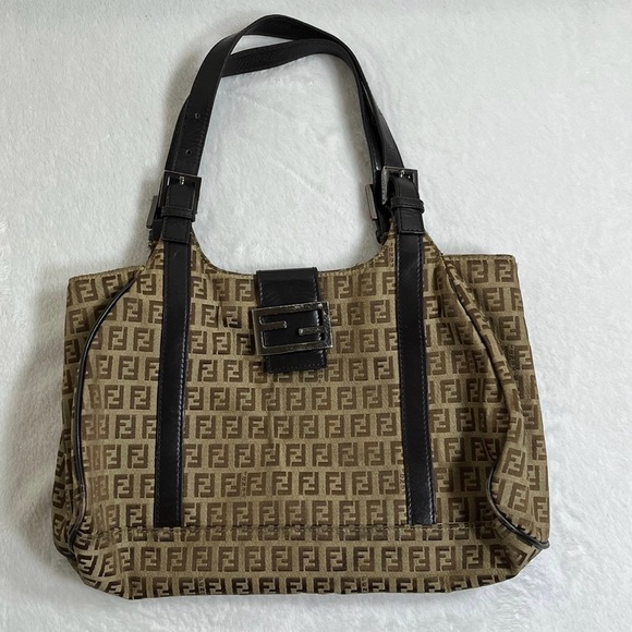 Vintage FENDI Shoulder Bag Medium Brown Zucchino-Print Canvas/Leather